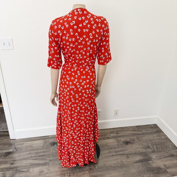[Ganni] Silvery Crepe V-Neck Floral Print Wrap Red Apple Maxi Dress Size Large L - Picture 3 of 14